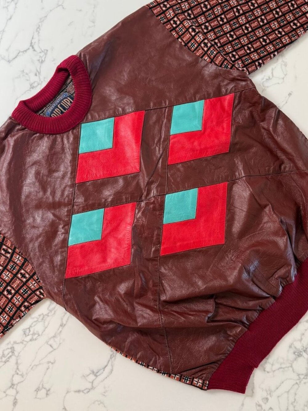 Vintage 80s Rip Curl Leather Patchwork Crewneck Sweater - Size Large - Picture 4 of 5